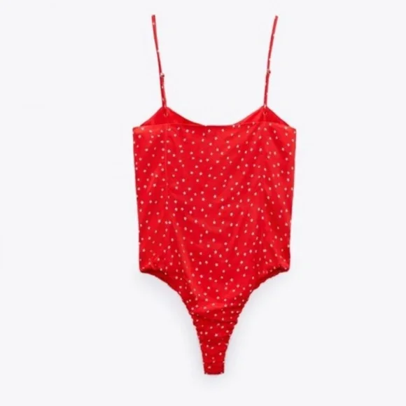 NWT Zara Red & White Star Print Satin Lace Up Bodysuit - Picture 5 of 13